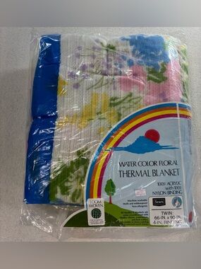 Vintage Sears Twin Thermal Blanket Floral Rainbow NOS Acrylic Retro Bedding
